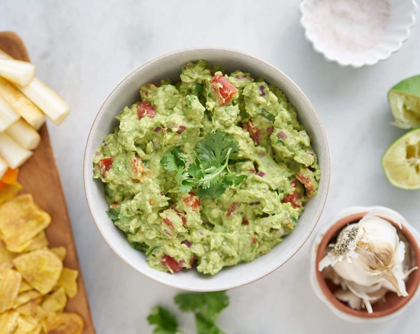 step 2 Mix in Fresh Cilantro (4 Tbsp) and Sea Salt (1 pinch) just before serving. Serve with fresh cut up veggies, plantain chips or tortilla chips. Enjoy!