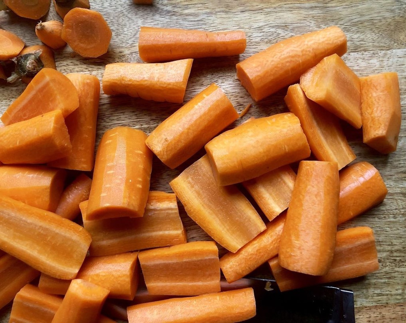 step 3 Trim ends of the Carrots (6 cups) and cut them into thirds for 2-inch chunks. If any of the pieces are very thick, cut them straight down the middle so that all pieces roast evenly.