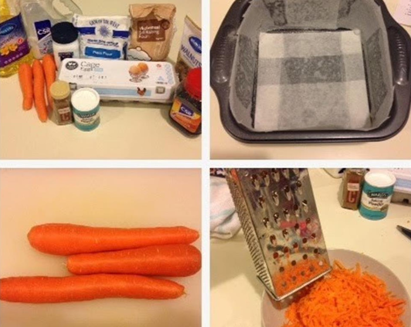 step 7 Preheat oven to 160 degrees C (320 degrees F). Line a 20 x 20 cm square cake pan with baking paper. Peel and grate the Carrots (3) and set aside for later.  Set the Cream Cheese (1/2 cup) and Butter (3 1/2 Tbsp) out to come to room temperature.