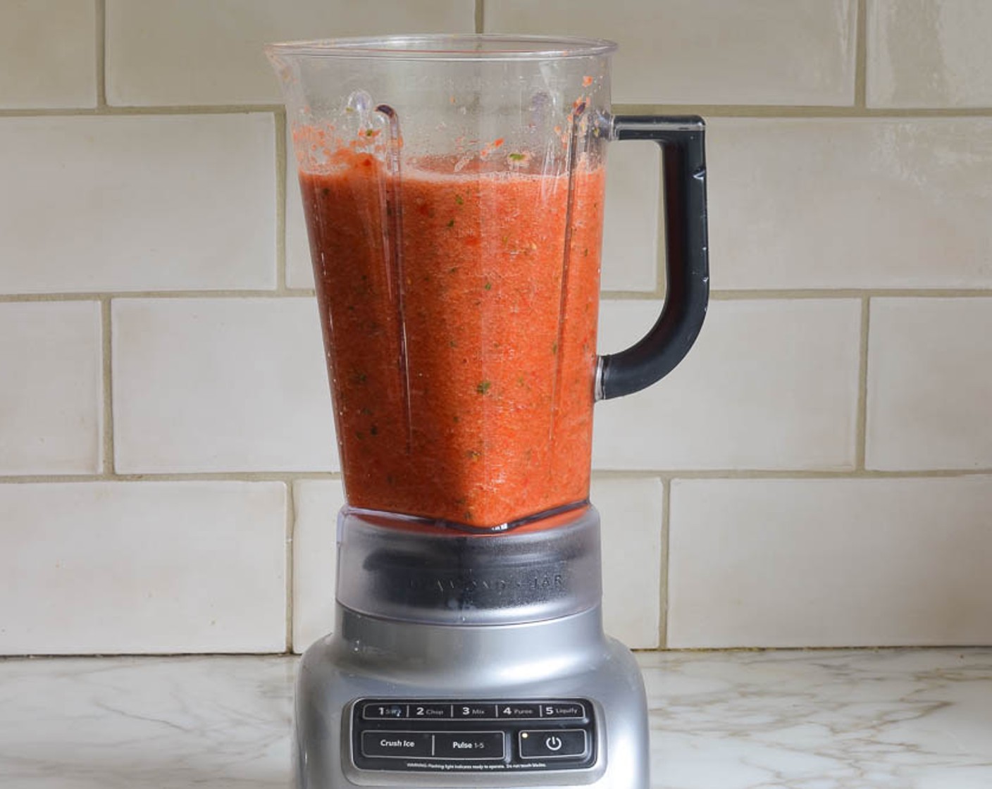 step 9 Add the Apple Cider Vinegar (1 Tbsp) into the blender as well. Pulse until it reaches a soup-like consistency. Taste and adjust seasoning, if necessary. Chill in the fridge for 2 to 3 hours before serving